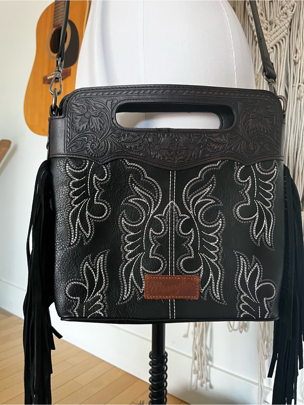 Wrangler Black Tooled Fringe Crossbody Bag